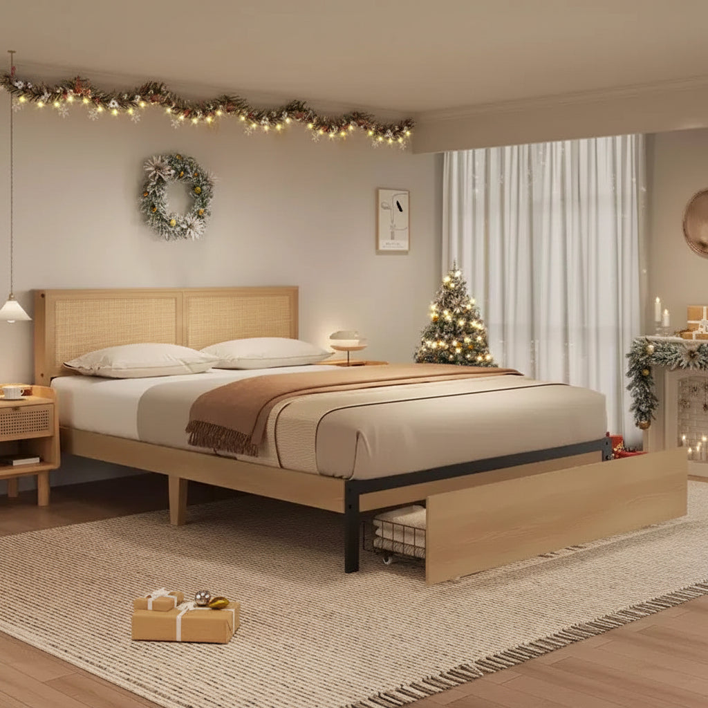 Rattan Bed Frame Queen with Natural Rattan Headboard, Full/Queen/King Rattan Bed Frame with 2 Drawers, Solid Wood Foundation with Silent Slats