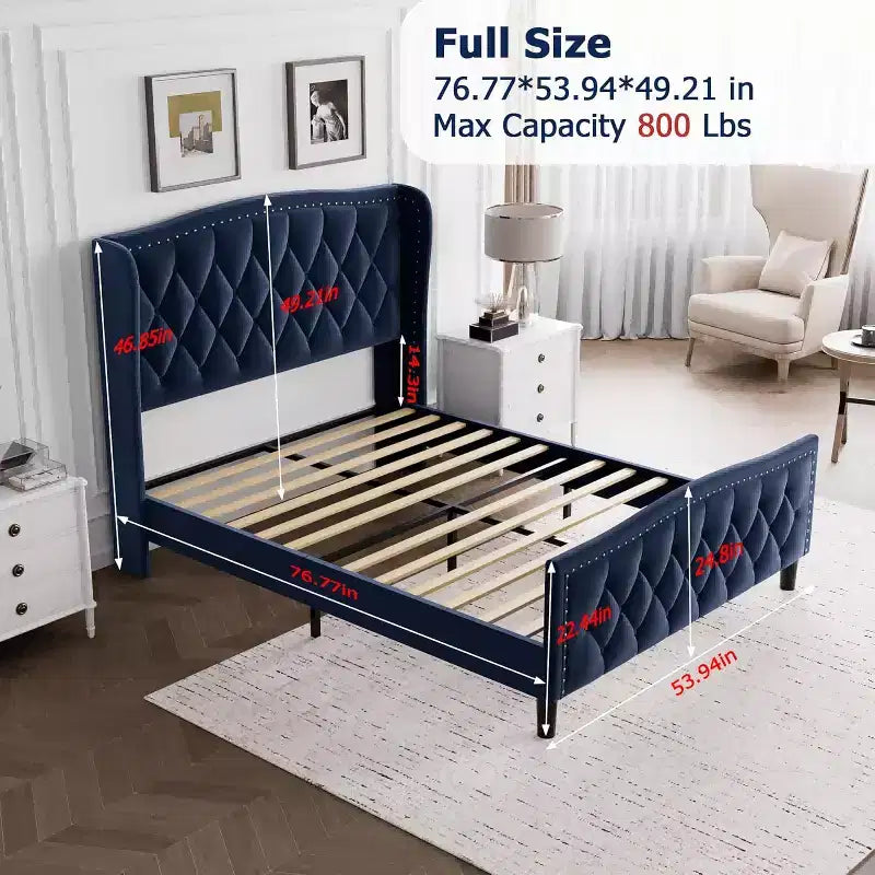 Cadre de lit double avec tête de lit ailée, lit plateforme capitonné à quatre tiroirs, aucun support de matelas nécessaire, noir