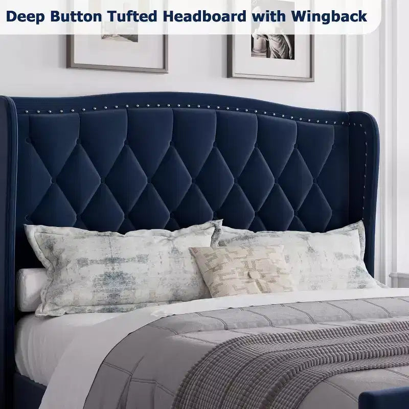Cadre de lit double avec tête de lit ailée, lit plateforme capitonné à quatre tiroirs, aucun support de matelas nécessaire, noir