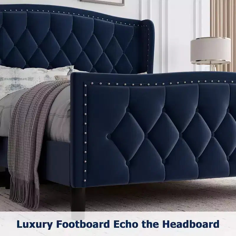 Cadre de lit double avec tête de lit ailée, lit plateforme capitonné à quatre tiroirs, aucun support de matelas nécessaire, noir