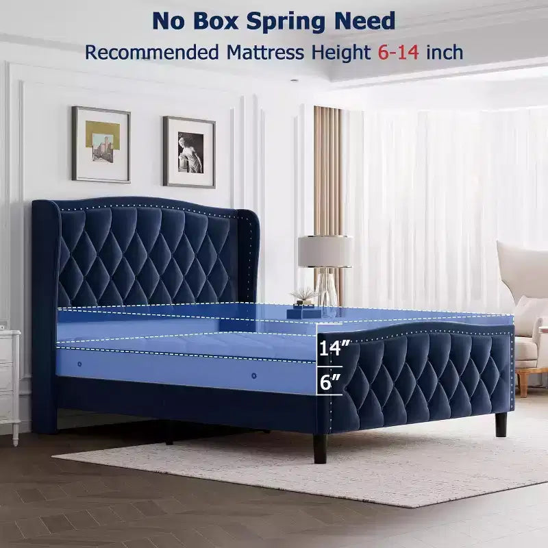 Cadre de lit double avec tête de lit ailée, lit plateforme capitonné à quatre tiroirs, aucun support de matelas nécessaire, noir