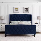 Cadre de lit double avec tête de lit ailée, lit plateforme capitonné à quatre tiroirs, aucun support de matelas nécessaire, noir