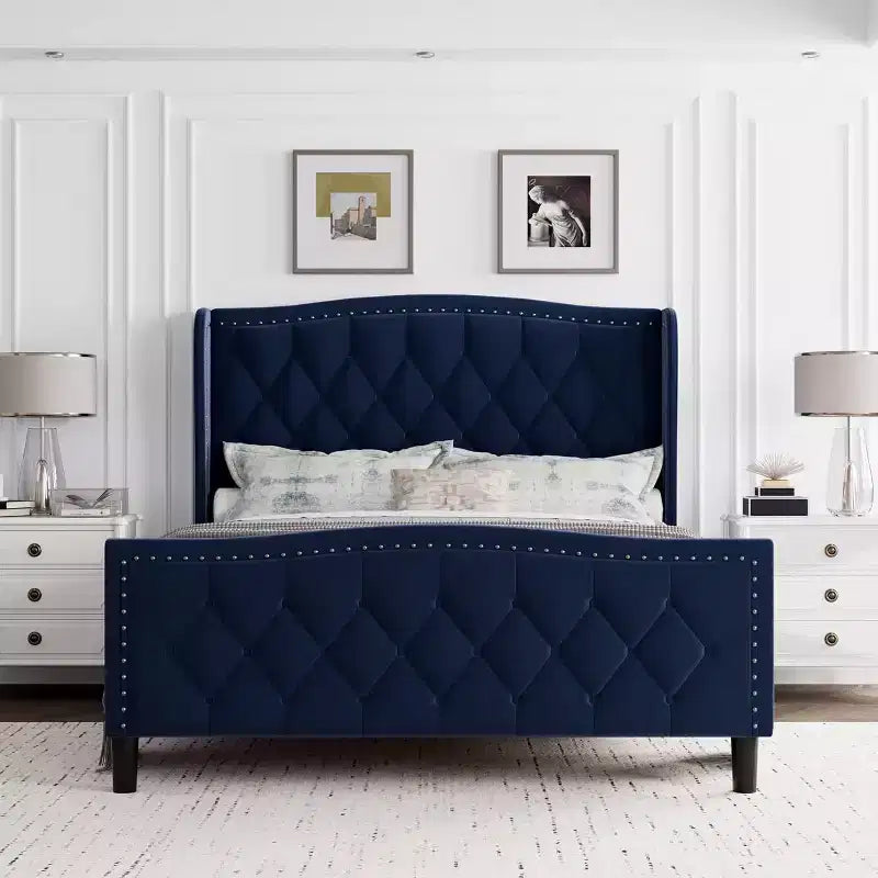 Cadre de lit double avec tête de lit ailée, lit plateforme capitonné à quatre tiroirs, aucun support de matelas nécessaire, noir