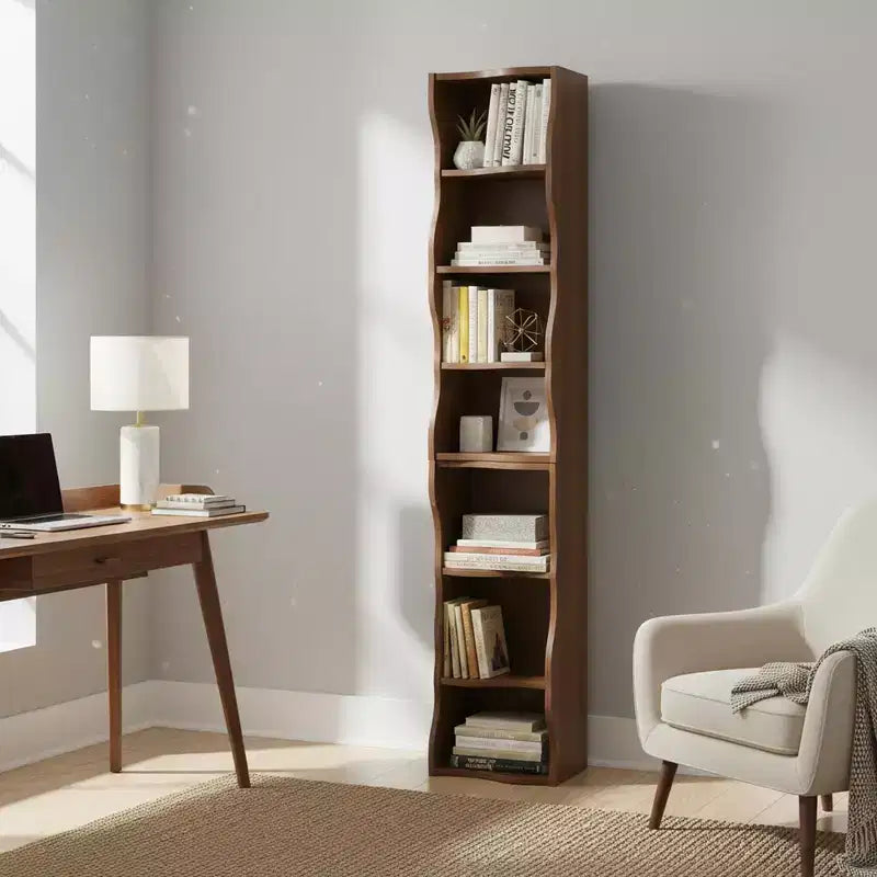 Bibliothèque réglable à 7 niveaux avec armoires supérieures et inférieures détachables, design à bords ondulés, pour salon ou bureau à domicile
