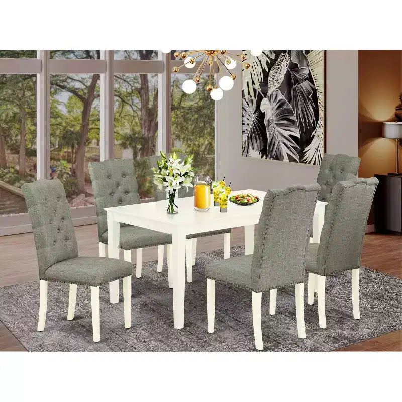 Table de salle à manger rectangulaire - Ensemble table et 6 chaises - Fini blanc lin