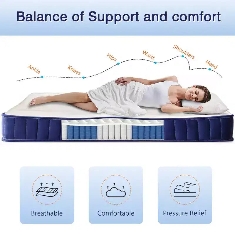 Matelas hybride Twin XL 6 pouces, ressorts ensachés en mousse avec fermeté moyenne, isolation des mouvements et soulagement de la pression.