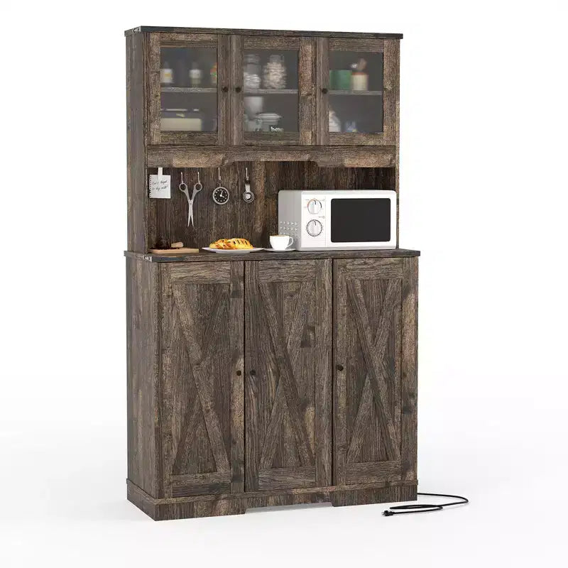 70,5 Meuble de rangement de style ferme, couleur marron, avec station de charge, étagères réglables et plateau de bar à café pour salle à manger