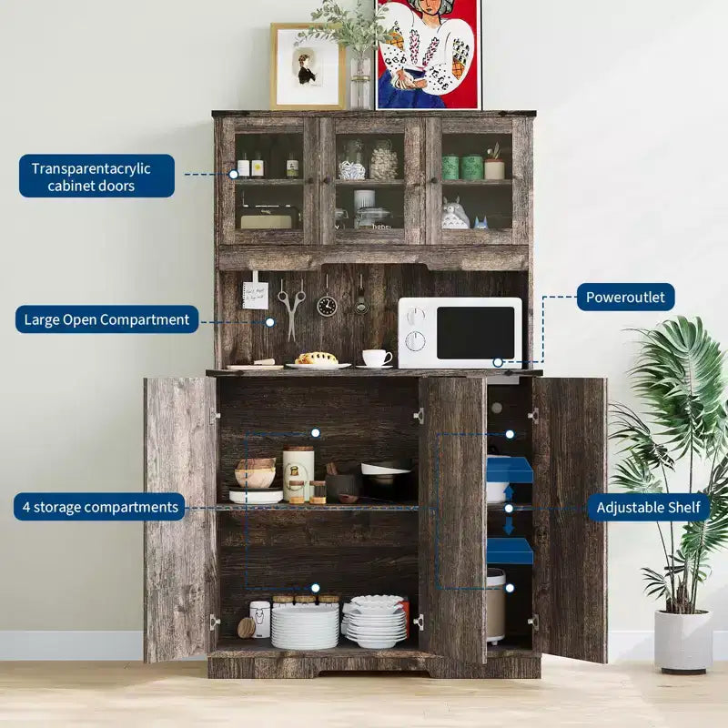 70,5 Meuble de rangement de style ferme, couleur marron, avec station de charge, étagères réglables et plateau de bar à café pour salle à manger
