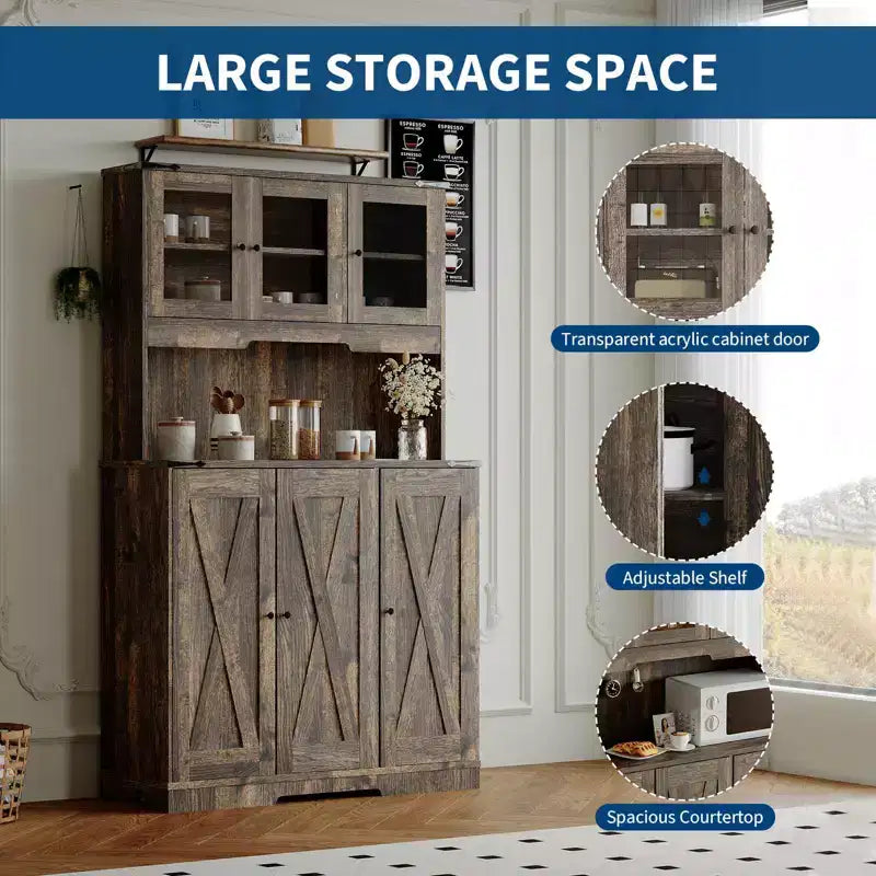 70,5 Meuble de rangement de style ferme, couleur marron, avec station de charge, étagères réglables et plateau de bar à café pour salle à manger
