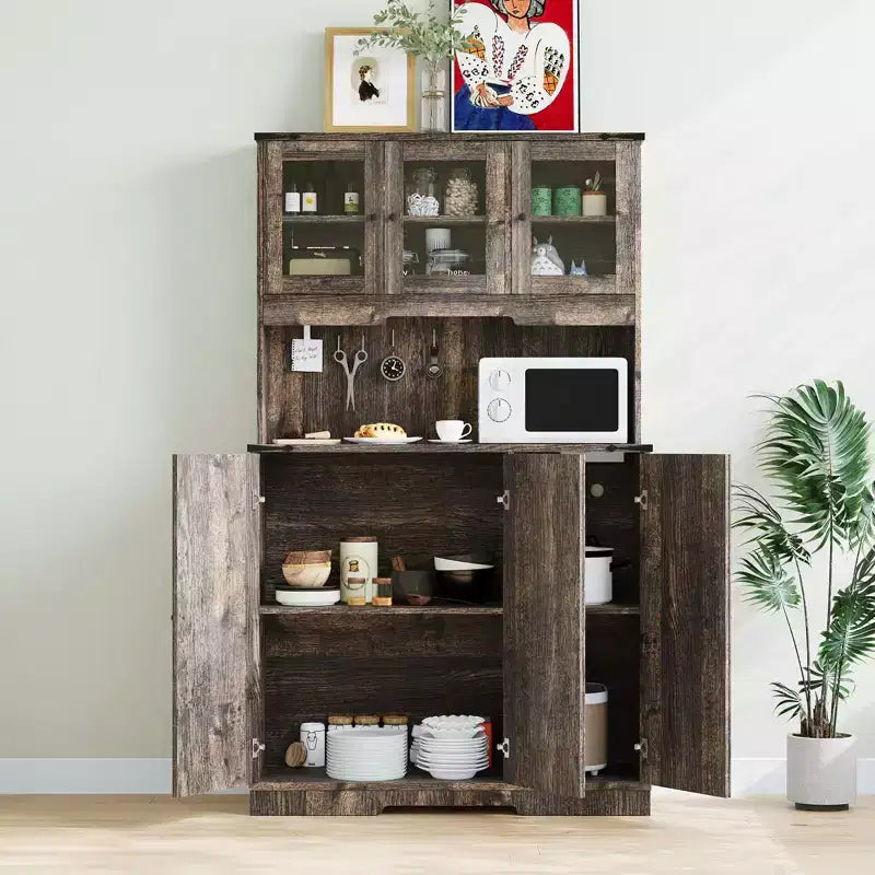 70,5 Meuble de rangement de style ferme, couleur marron, avec station de charge, étagères réglables et plateau de bar à café pour salle à manger