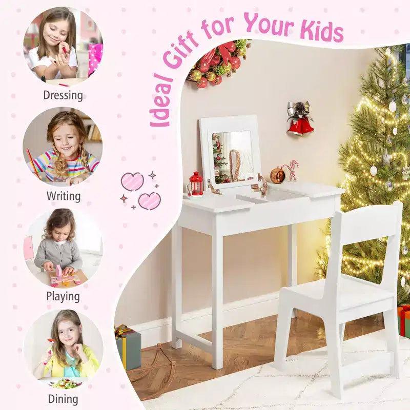 Coiffeuse et Chaise pour Enfants 2-en-1 Bureau de Maquillage Princesse