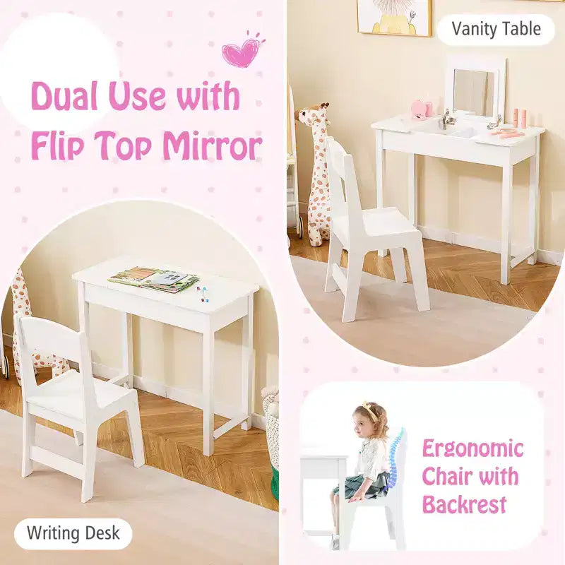 Coiffeuse et Chaise pour Enfants 2-en-1 Bureau de Maquillage Princesse