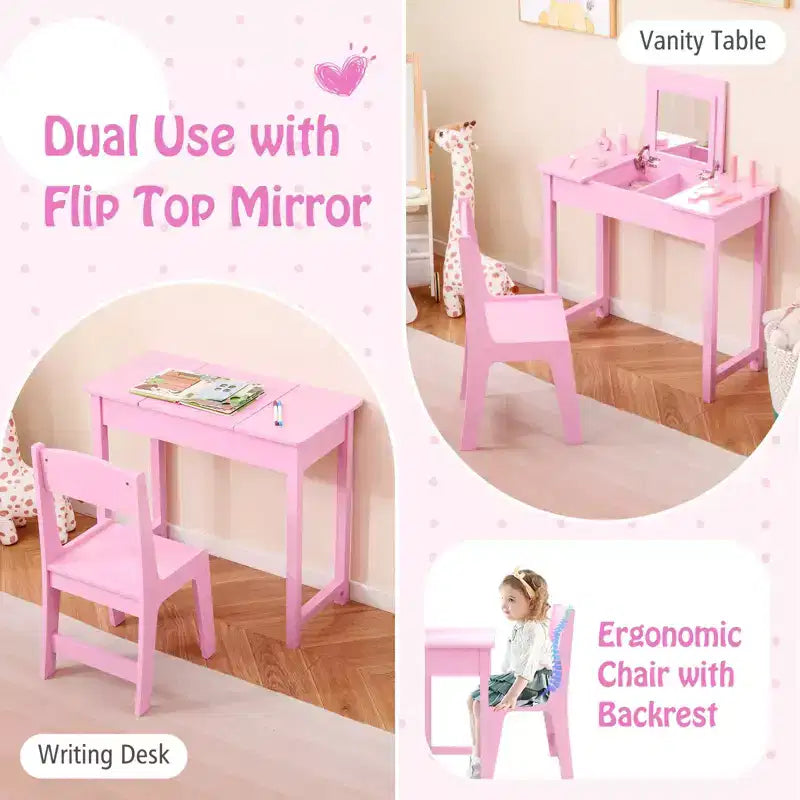 Coiffeuse et Chaise pour Enfants 2-en-1 Bureau de Maquillage Princesse