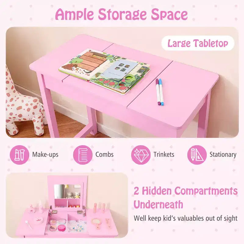 Coiffeuse et Chaise pour Enfants 2-en-1 Bureau de Maquillage Princesse