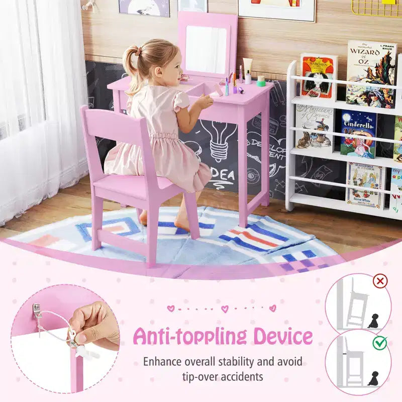 Coiffeuse et Chaise pour Enfants 2-en-1 Bureau de Maquillage Princesse