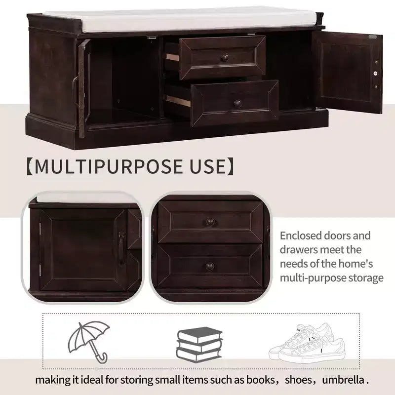 Banc de rangement en bois, Banc de rangement d'entrée avec tiroirs et armoires, Banc à chaussures de foyer avec coussin amovible pour entrée, chambre, salon