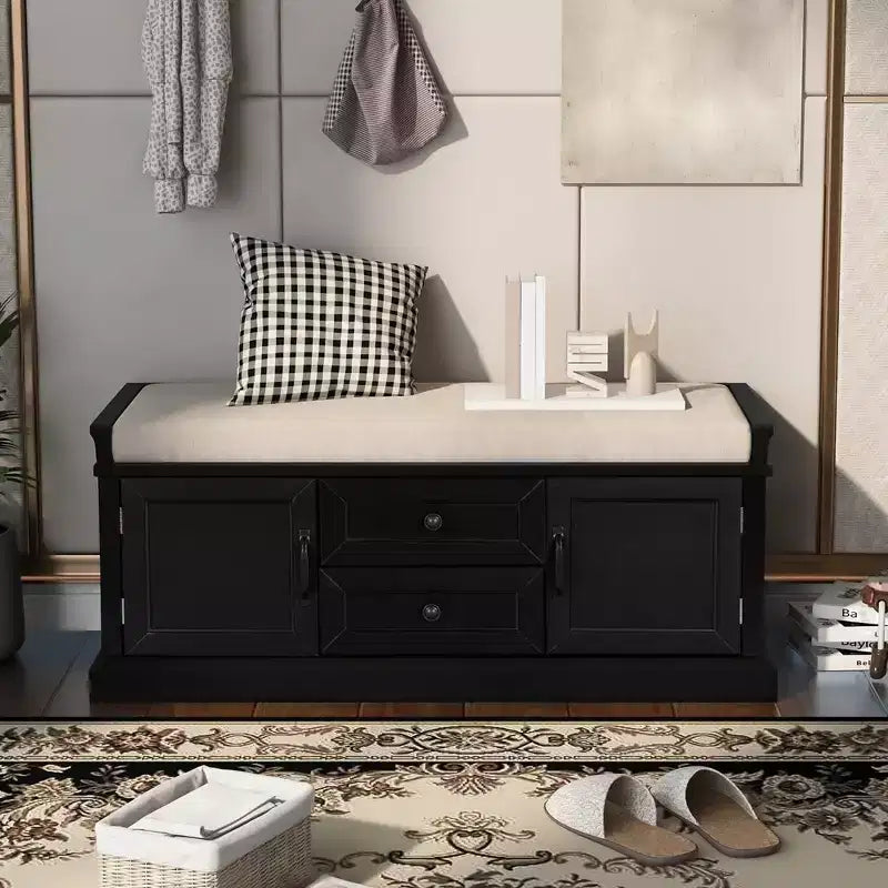 Banc de rangement en bois, Banc de rangement d'entrée avec tiroirs et armoires, Banc à chaussures de foyer avec coussin amovible pour entrée, chambre, salon