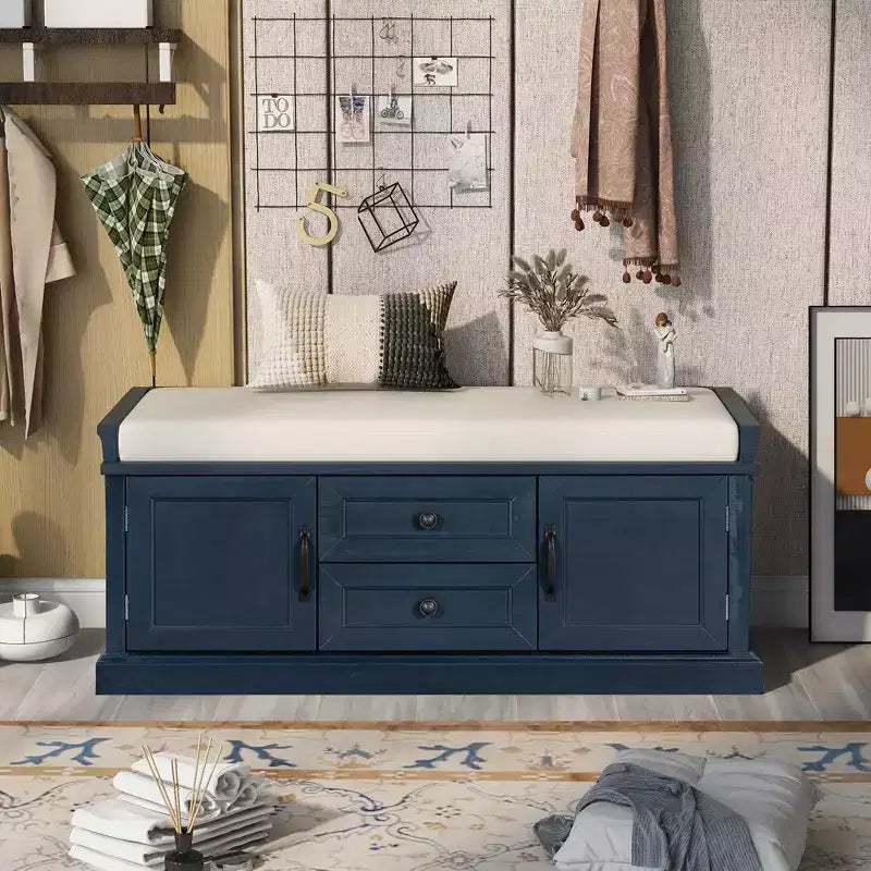 Banc de rangement en bois, Banc de rangement d'entrée avec tiroirs et armoires, Banc à chaussures de foyer avec coussin amovible pour entrée, chambre, salon