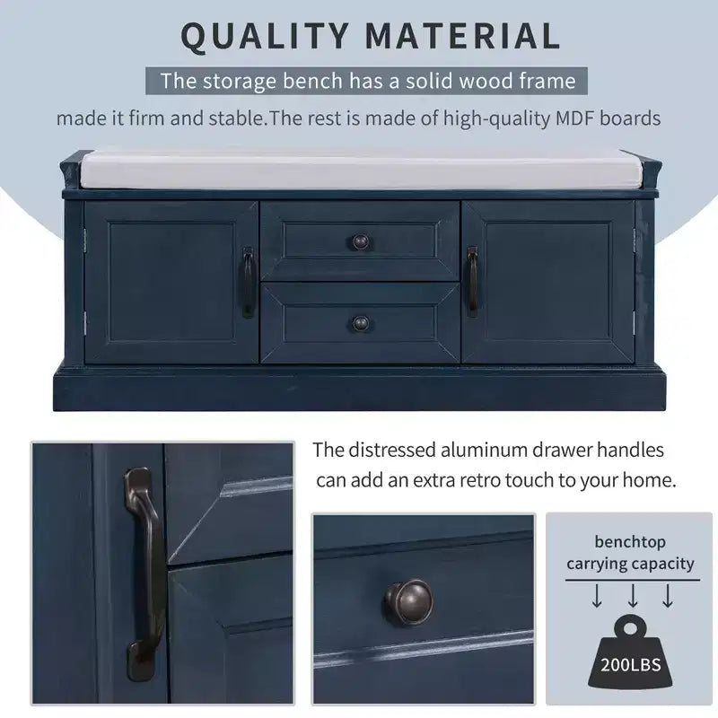 Banc de rangement en bois, Banc de rangement d'entrée avec tiroirs et armoires, Banc à chaussures de foyer avec coussin amovible pour entrée, chambre, salon