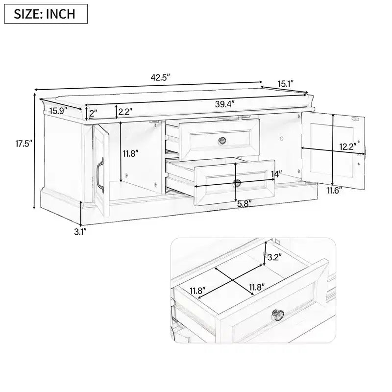 Banc de rangement en bois, Banc de rangement d'entrée avec tiroirs et armoires, Banc à chaussures de foyer avec coussin amovible pour entrée, chambre, salon