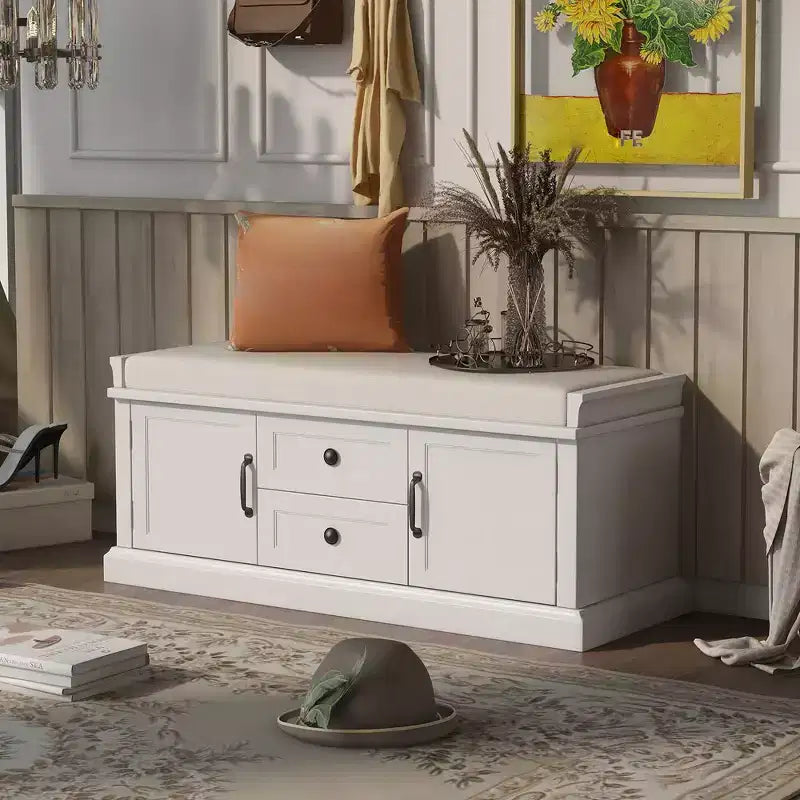 Banc de rangement en bois, Banc de rangement d'entrée avec tiroirs et armoires, Banc à chaussures de foyer avec coussin amovible pour entrée, chambre, salon