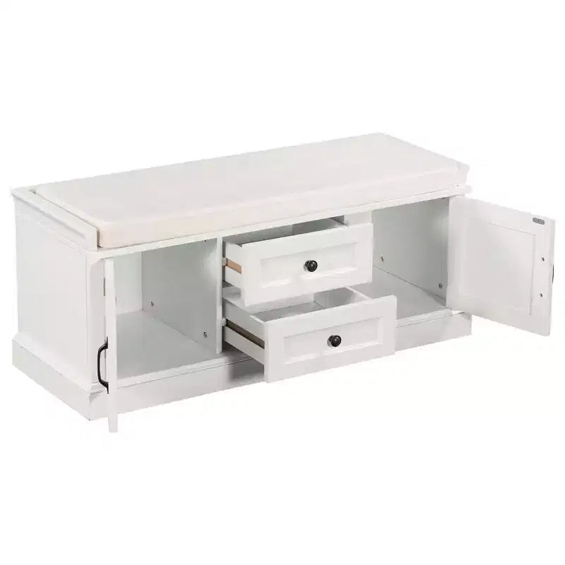 Banc de rangement en bois, Banc de rangement d'entrée avec tiroirs et armoires, Banc à chaussures de foyer avec coussin amovible pour entrée, chambre, salon