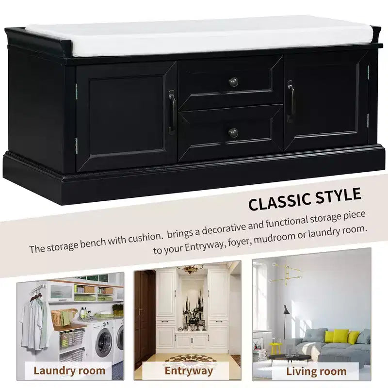 Banc de rangement en bois, Banc de rangement d'entrée avec tiroirs et armoires, Banc à chaussures de foyer avec coussin amovible pour entrée, chambre, salon