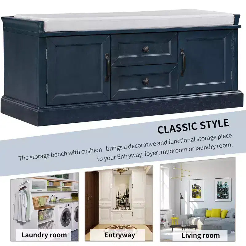 Banc de rangement en bois, Banc de rangement d'entrée avec tiroirs et armoires, Banc à chaussures de foyer avec coussin amovible pour entrée, chambre, salon