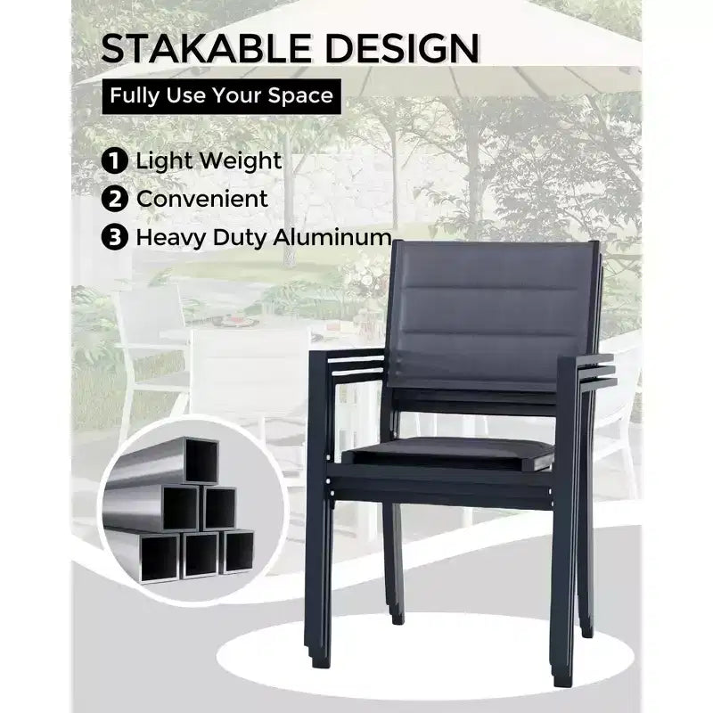 Chaises de salle à manger en aluminium pour patio (2 chaises) avec accoudoirs et siège plus large, chaises empilables toutes saisons pour balcon, jardin, arrière-cour