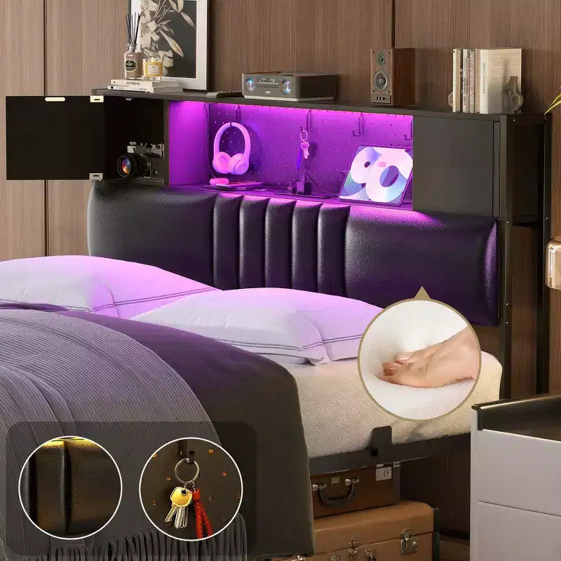 Cadre de lit avec lumière LED et station de recharge