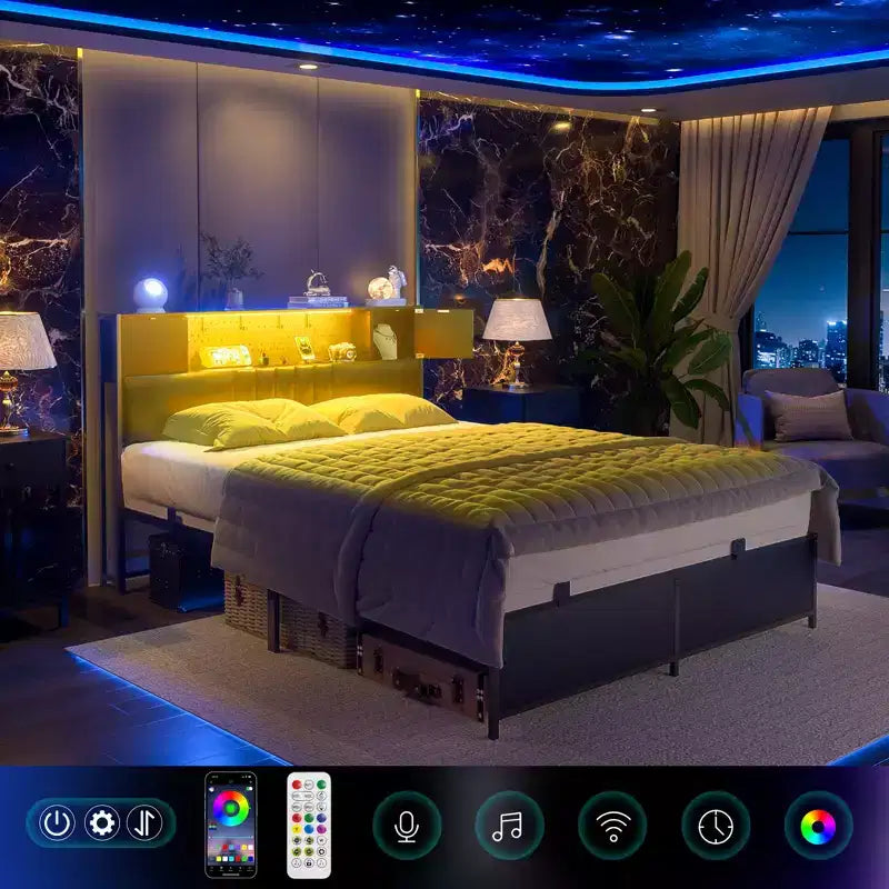 Cadre de lit avec lumière LED et station de recharge
