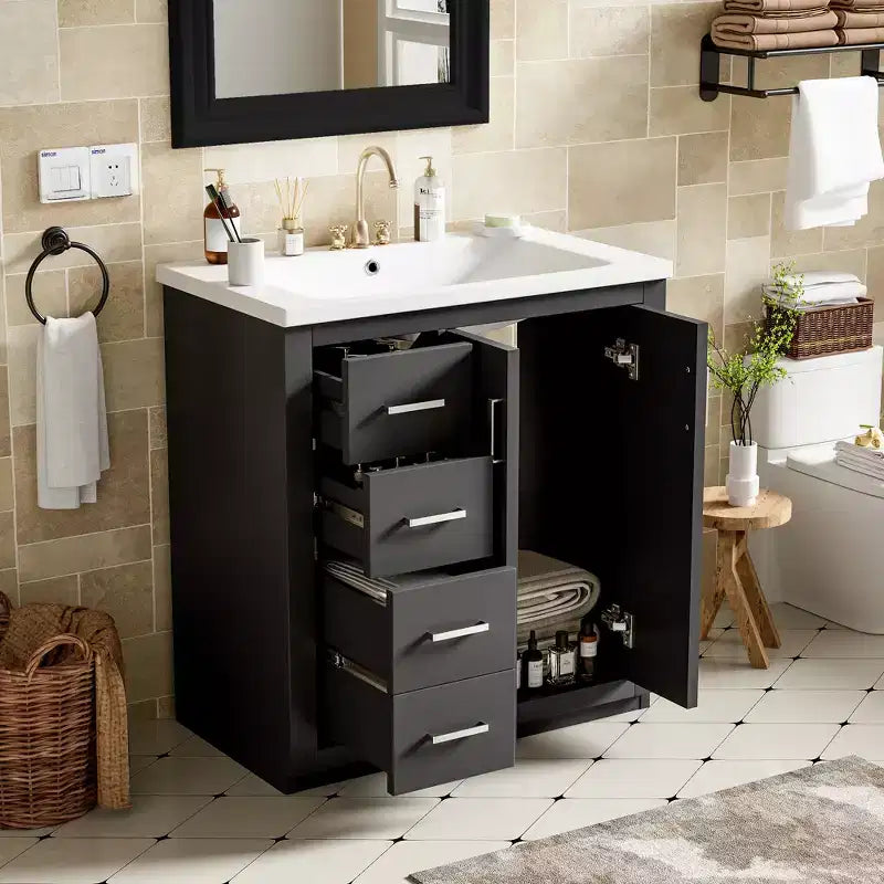 Meuble-lavabo de salle de bain de 30 po avec évier, meuble de rangement de salle de bain avec tiroirs, meuble-lavabo simple avec portes à fermeture douce