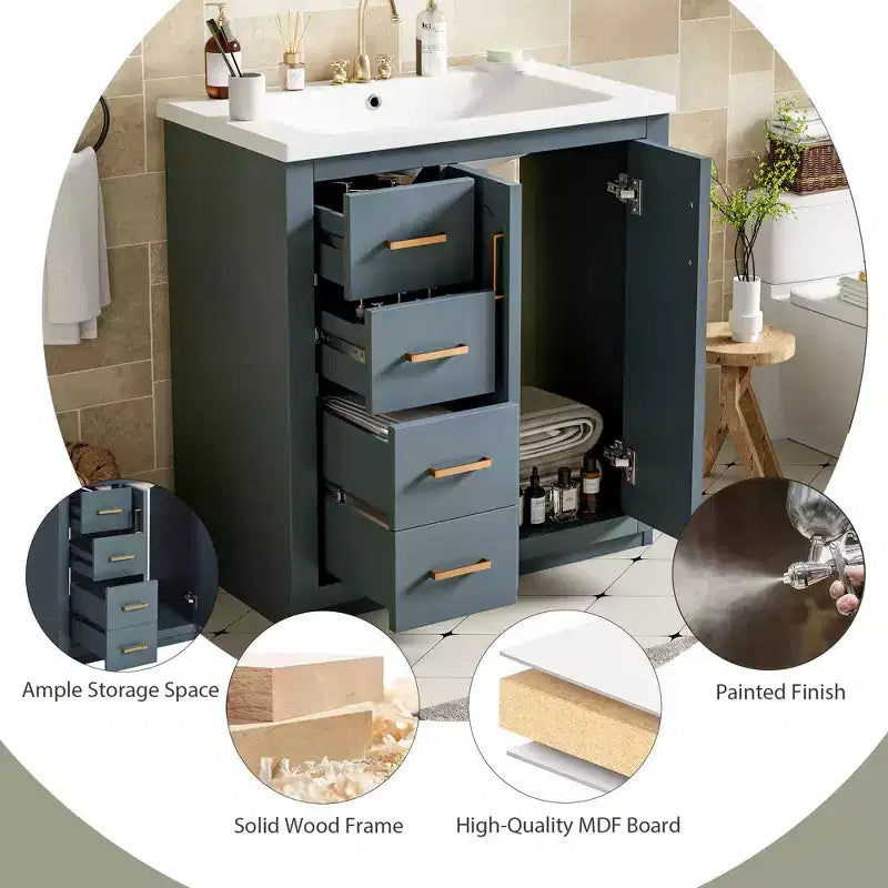Meuble-lavabo de salle de bain de 30 po avec évier, meuble de rangement de salle de bain avec tiroirs, meuble-lavabo simple avec portes à fermeture douce