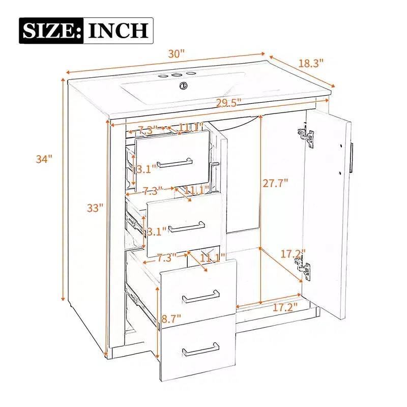 Meuble-lavabo de salle de bain de 30 po avec évier, meuble de rangement de salle de bain avec tiroirs, meuble-lavabo simple avec portes à fermeture douce