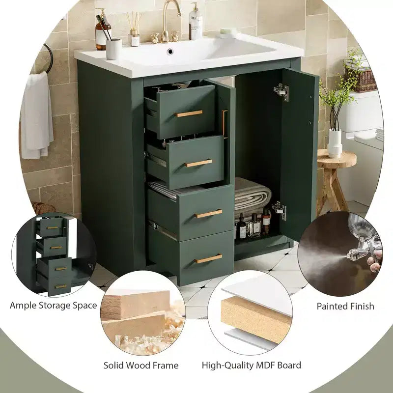 Meuble-lavabo de salle de bain de 30 po avec évier, meuble de rangement de salle de bain avec tiroirs, meuble-lavabo simple avec portes à fermeture douce