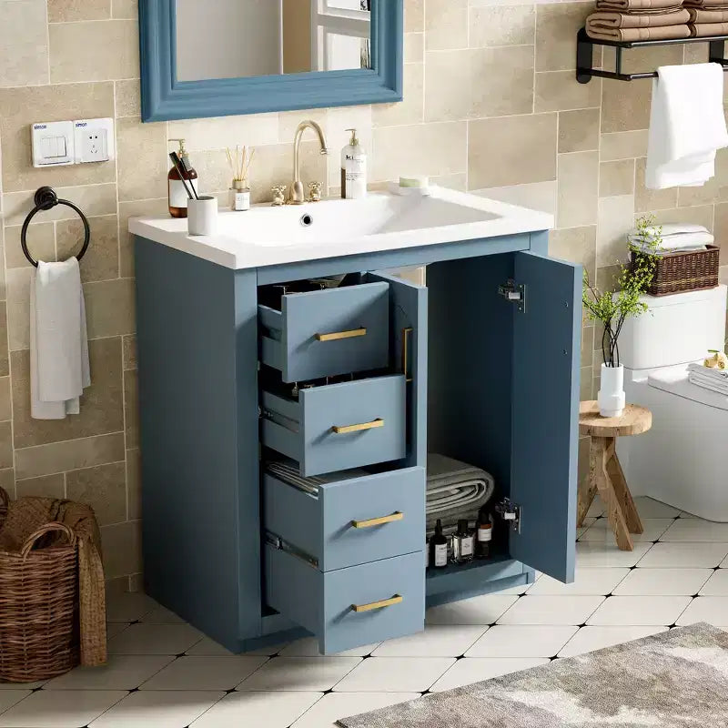 Meuble-lavabo de salle de bain de 30 po avec évier, meuble de rangement de salle de bain avec tiroirs, meuble-lavabo simple avec portes à fermeture douce