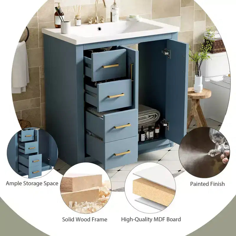 Meuble-lavabo de salle de bain de 30 po avec évier, meuble de rangement de salle de bain avec tiroirs, meuble-lavabo simple avec portes à fermeture douce