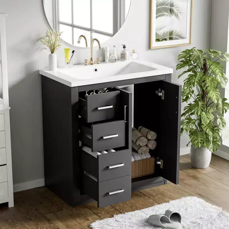 Meuble-lavabo de salle de bain de 30 po avec évier, meuble de rangement de salle de bain avec tiroirs, meuble-lavabo simple avec portes à fermeture douce