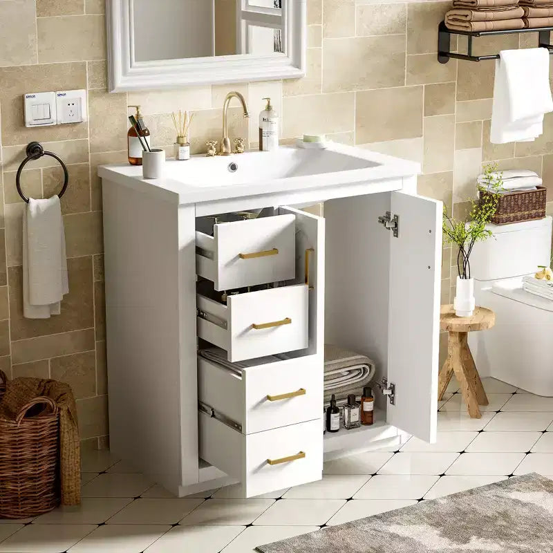 Meuble-lavabo de salle de bain de 30 po avec évier, meuble de rangement de salle de bain avec tiroirs, meuble-lavabo simple avec portes à fermeture douce