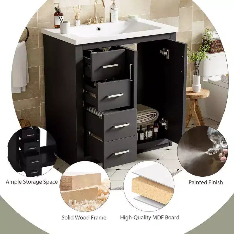 Meuble-lavabo de salle de bain de 30 po avec évier, meuble de rangement de salle de bain avec tiroirs, meuble-lavabo simple avec portes à fermeture douce