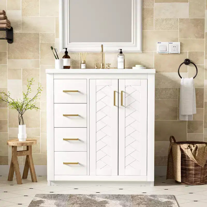 Meuble-lavabo de salle de bain de 30 po avec évier, meuble de rangement de salle de bain avec tiroirs, meuble-lavabo simple avec portes à fermeture douce