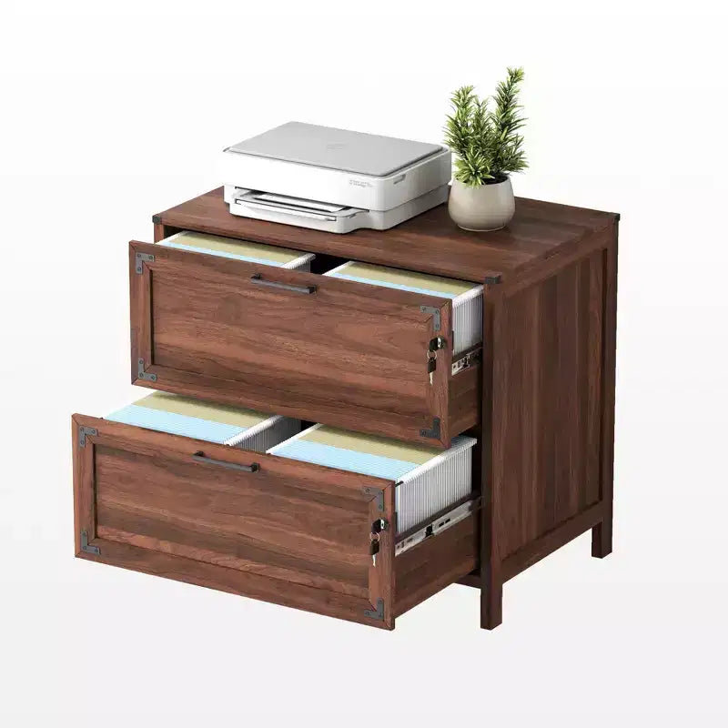 Classeur latéral à 2 tiroirs avec serrure, classeur de bureau à domicile, organisateur de dossiers verrouillable marron style ferme