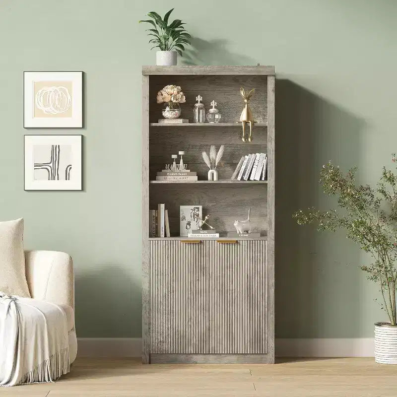 Bibliothèque à 5 étagères avec portes, Bibliothèque de rangement de 180 cm, Étagères réglables pour salon ou bureau