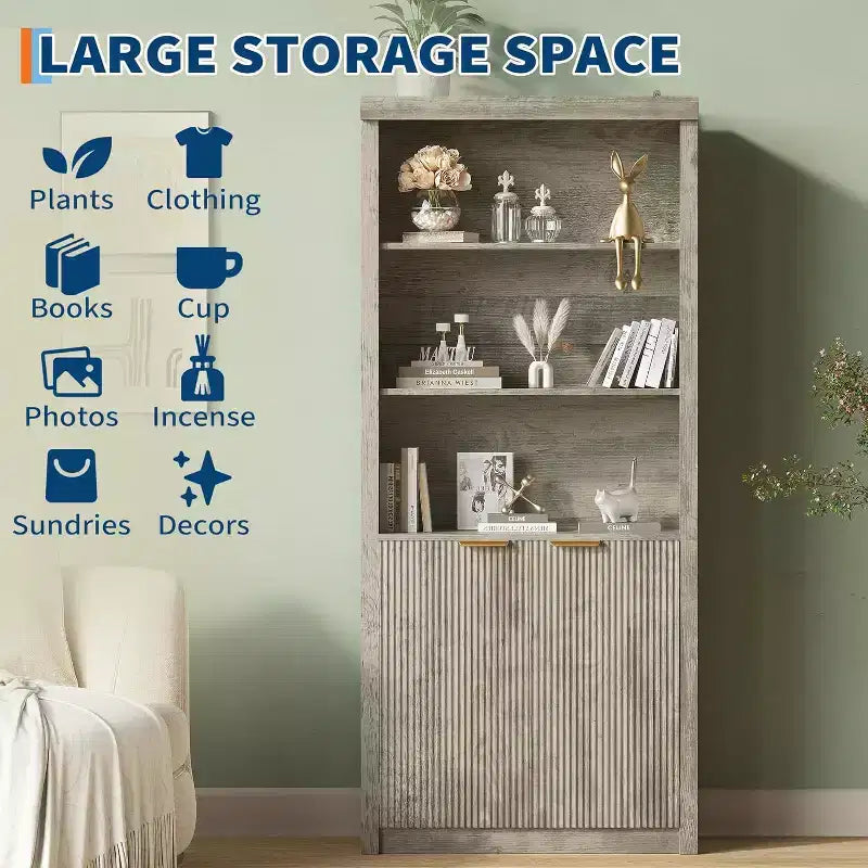Bibliothèque à 5 étagères avec portes, Bibliothèque de rangement de 180 cm, Étagères réglables pour salon ou bureau