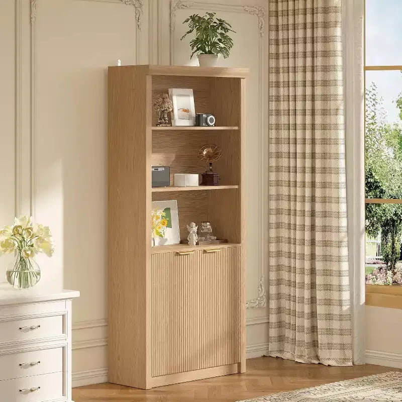 Bibliothèque à 5 étagères avec portes, Bibliothèque de rangement de 180 cm, Étagères réglables pour salon ou bureau
