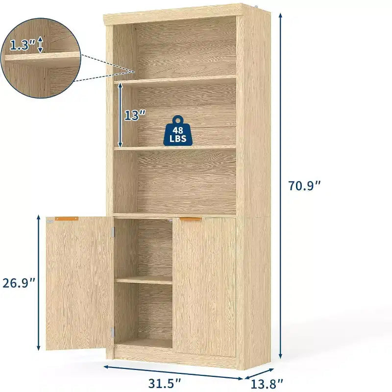 Bibliothèque à 5 étagères avec portes, Bibliothèque de rangement de 180 cm, Étagères réglables pour salon ou bureau