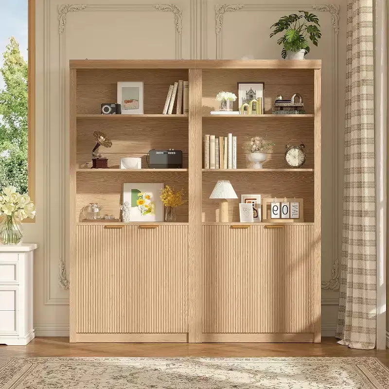 Bibliothèque à 5 étagères avec portes, Bibliothèque de rangement de 180 cm, Étagères réglables pour salon ou bureau
