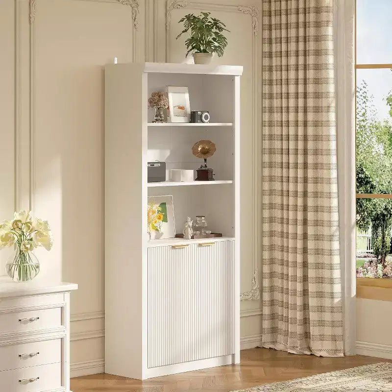 Bibliothèque à 5 étagères avec portes, Bibliothèque de rangement de 180 cm, Étagères réglables pour salon ou bureau