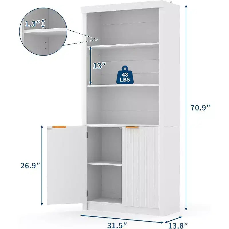 Bibliothèque à 5 étagères avec portes, Bibliothèque de rangement de 180 cm, Étagères réglables pour salon ou bureau