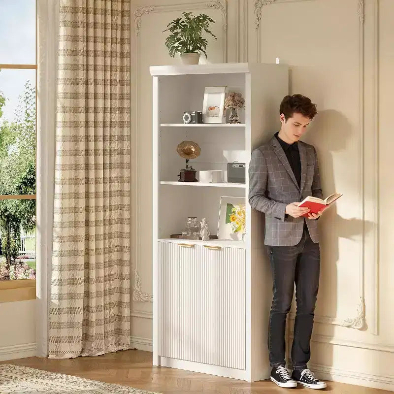 Bibliothèque à 5 étagères avec portes, Bibliothèque de rangement de 180 cm, Étagères réglables pour salon ou bureau